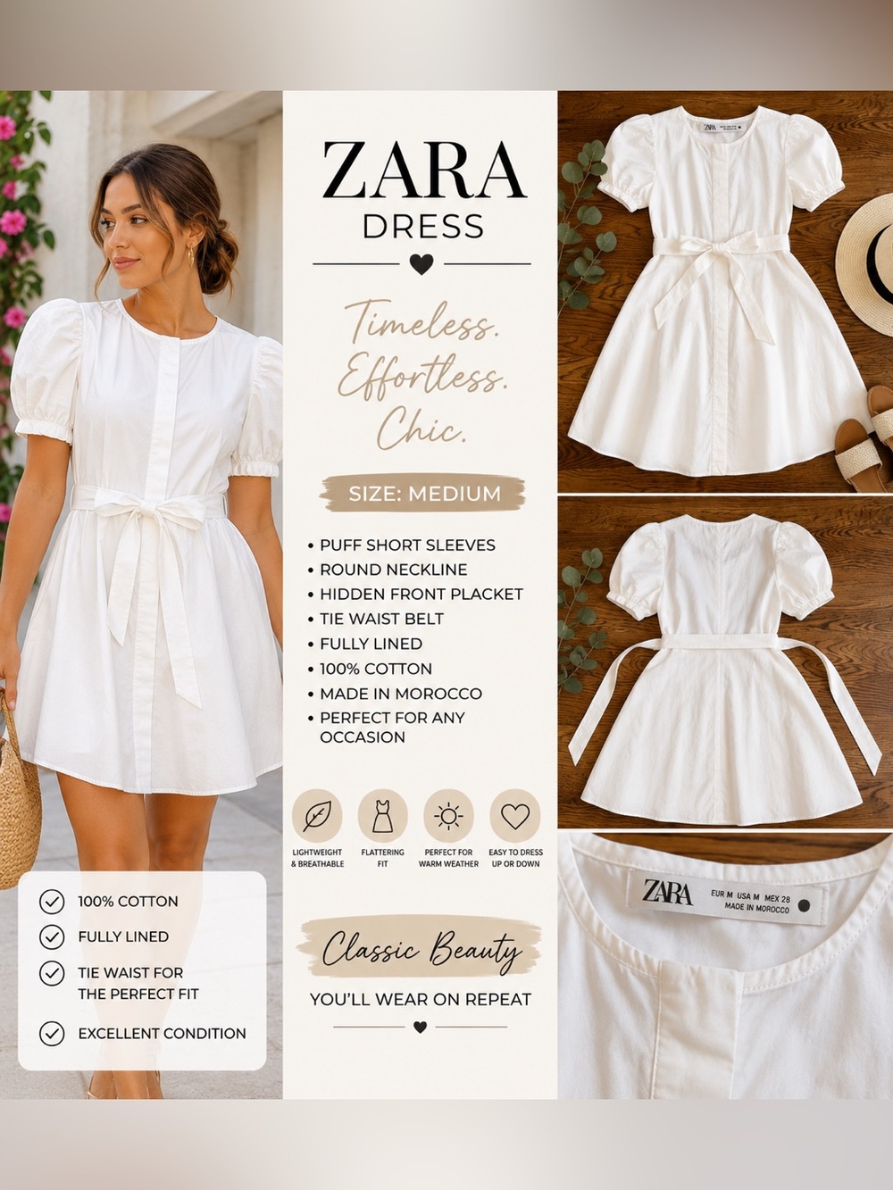 Zara White Puff Sleeve Cotton Mini Dress with Tie Waist